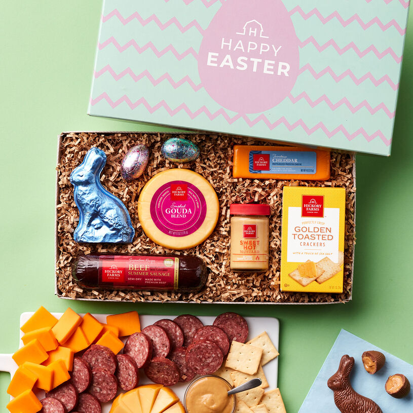 This bright Easter gift box is filled with our Signature Beef Summer Sausage, Smoked Gouda Blend, Farmhouse Cheddar, Sweet Hot Mustard, Golden Toasted Crackers, plus a Chocolate Bunny. 