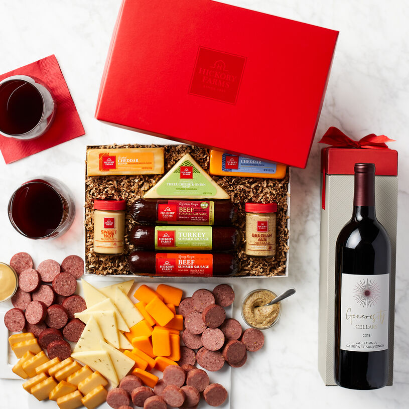 Hearty Bites Cabernet Gift Box includes sausage, cheese, mustard, and Cabernet Sauvignon