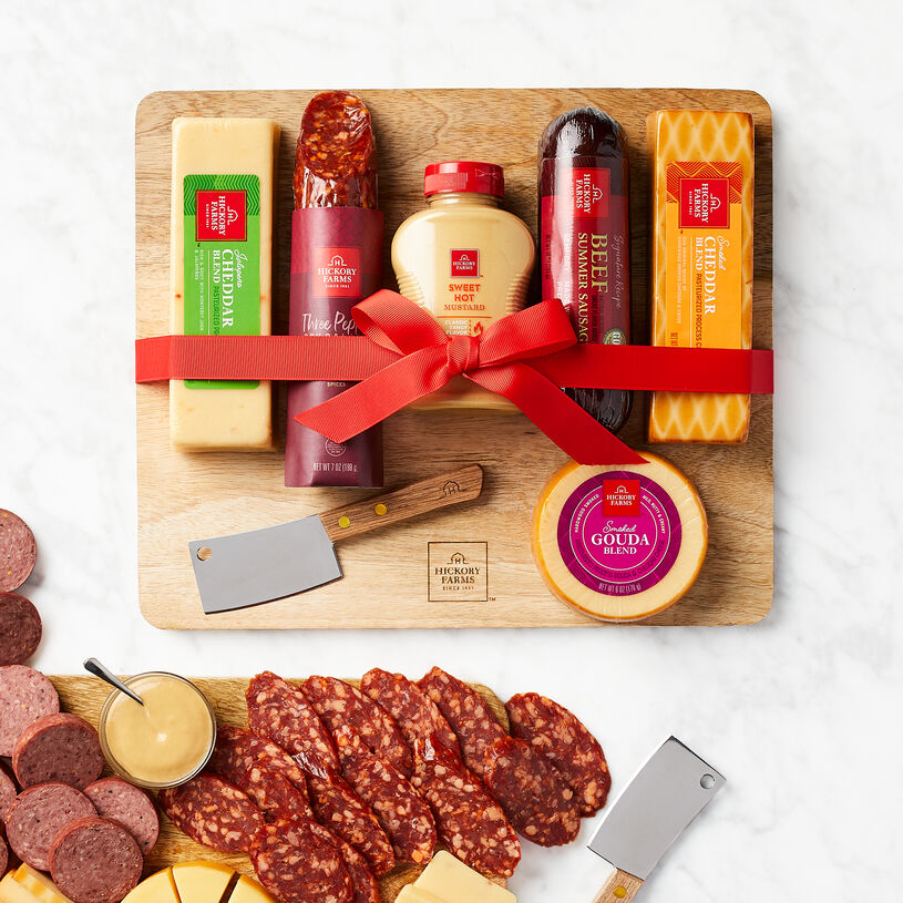 This set features our delicious signature flavors wrapped with a stylish board and cheese cleaver for an instant meat and cheese spread!