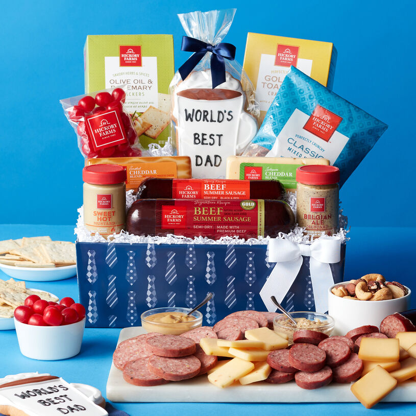 Celebrate Dad with this selection of Beef and Spicy Beef Summer Sausages, Smoked Cheddar and Jalapeño Cheddar Blend cheeses, Belgian Ale and Sweet Hot Mustards, crackers, mixed nuts, Cherry Sours, and a World's Best Dad Sugar Cookie.