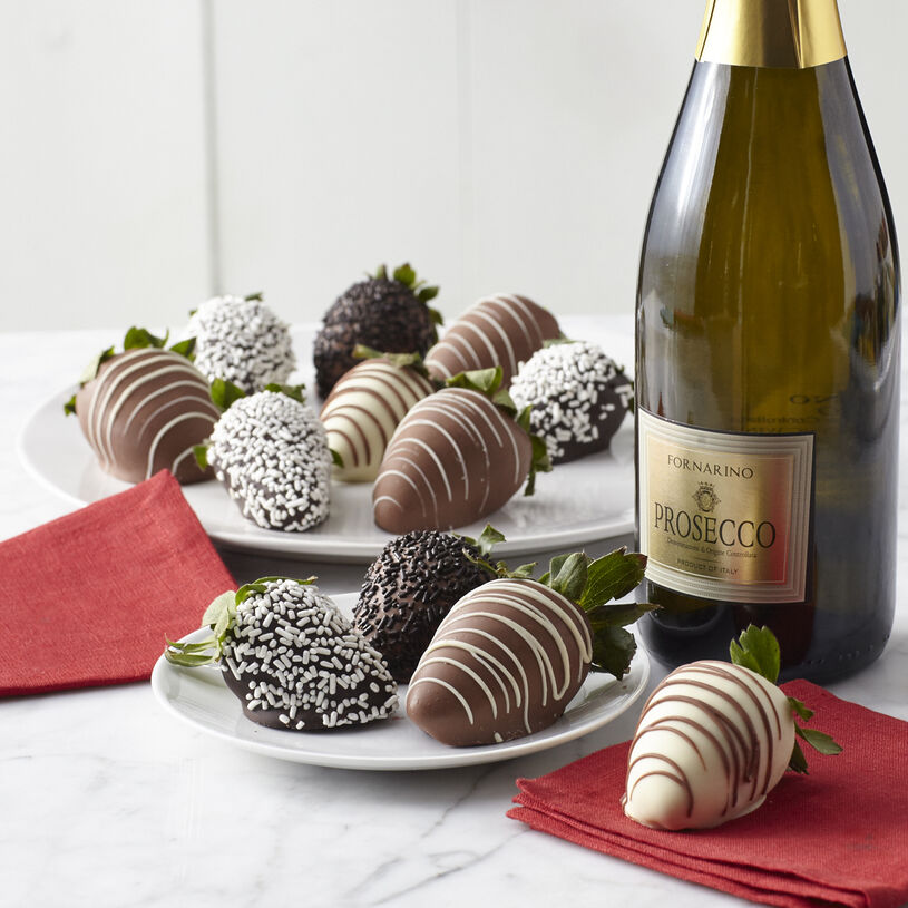 12 ct strawberries dipped in dark, milk, and white chocolate with a bottle of La Fornarina Prosecco
