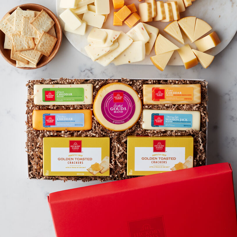 Cheese Favorites Gift Box includes crackers and various cheeses