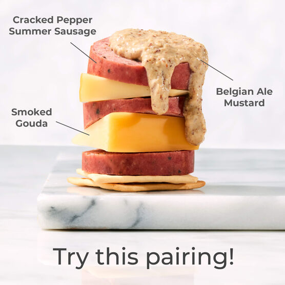 Try this pairing! Smoked Gouda, Cracked Pepper Summer Sausage, Belgian Ale Mustard
