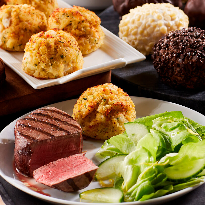 Our Three Course Dinner includes crab cakes, filet mignon, and Italian ice cream truffles 
