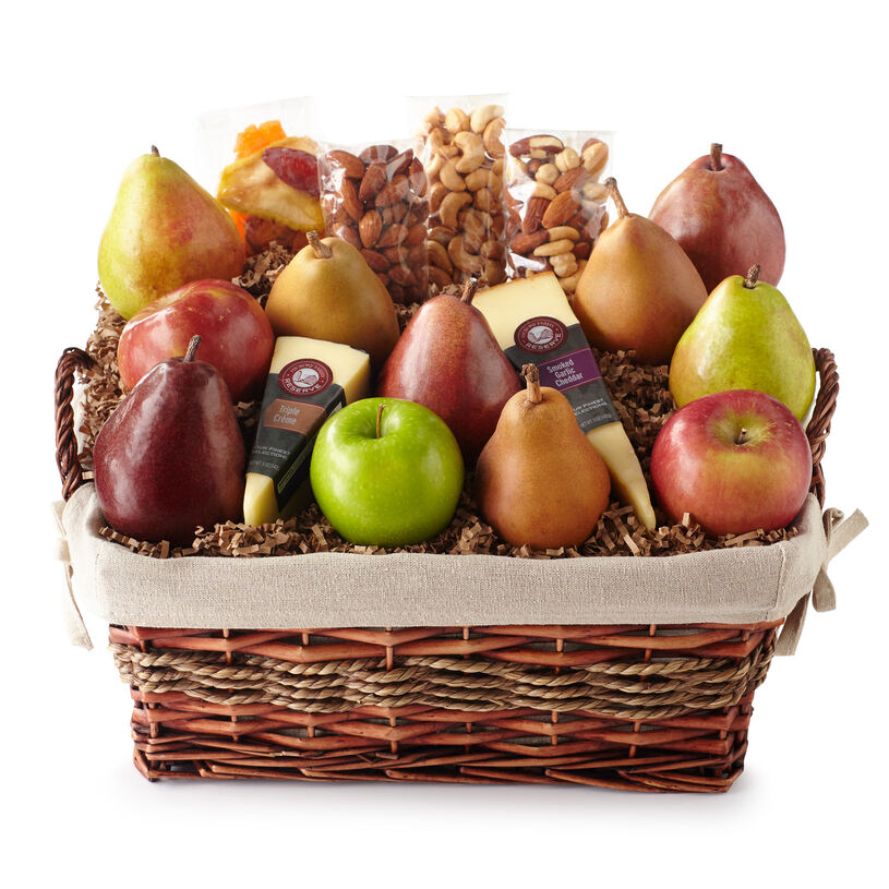 Fresh from the Farm Gift Basket includes various cheeses, nuts, and fruit