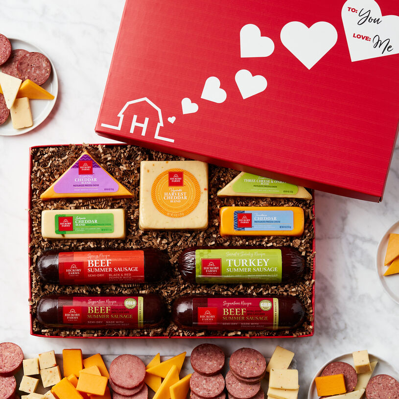 This deluxe Valentine's Day assortment features three different types of summer sausage and five different cheeses for a wide variety of flavor.