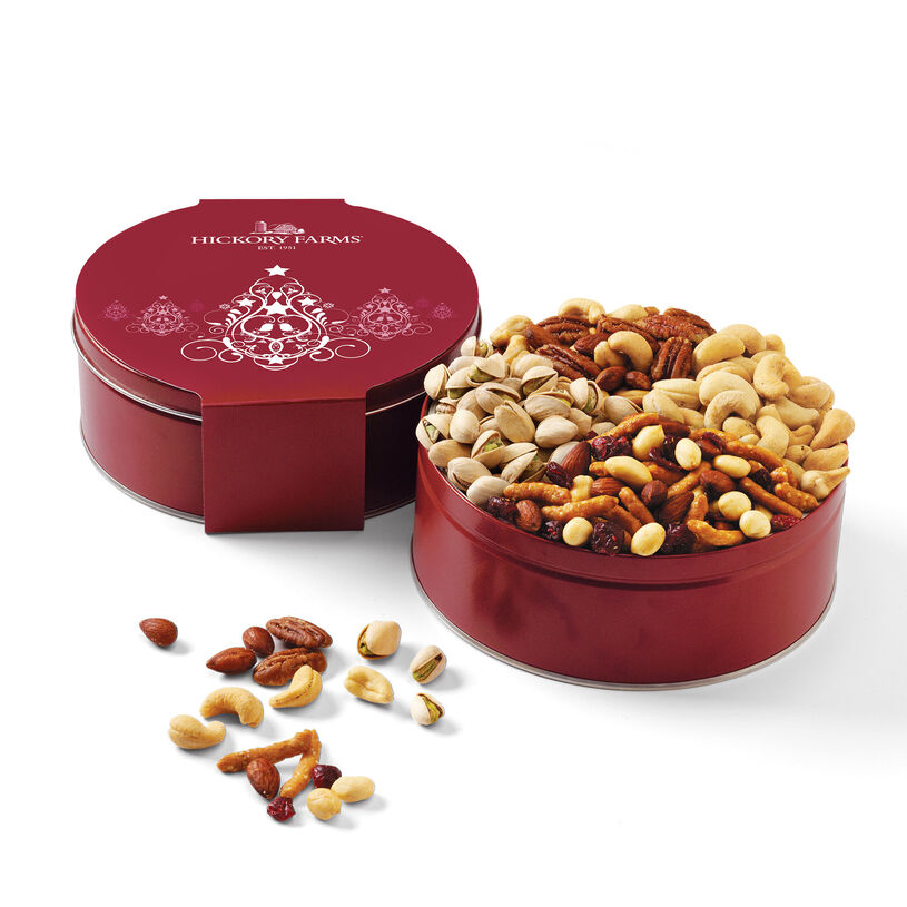 Holiday snack mix of mixed nuts, cashews, sesame nut mix, and pistachios 