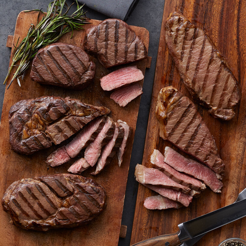 This complete Steak Assortment includes filets, New York strip steaks, and boneless ribeye steaks