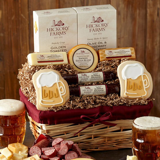 A variety of cheeses and crackers, our award-winning Beef Summer Sausage, and a beer stein cookie.