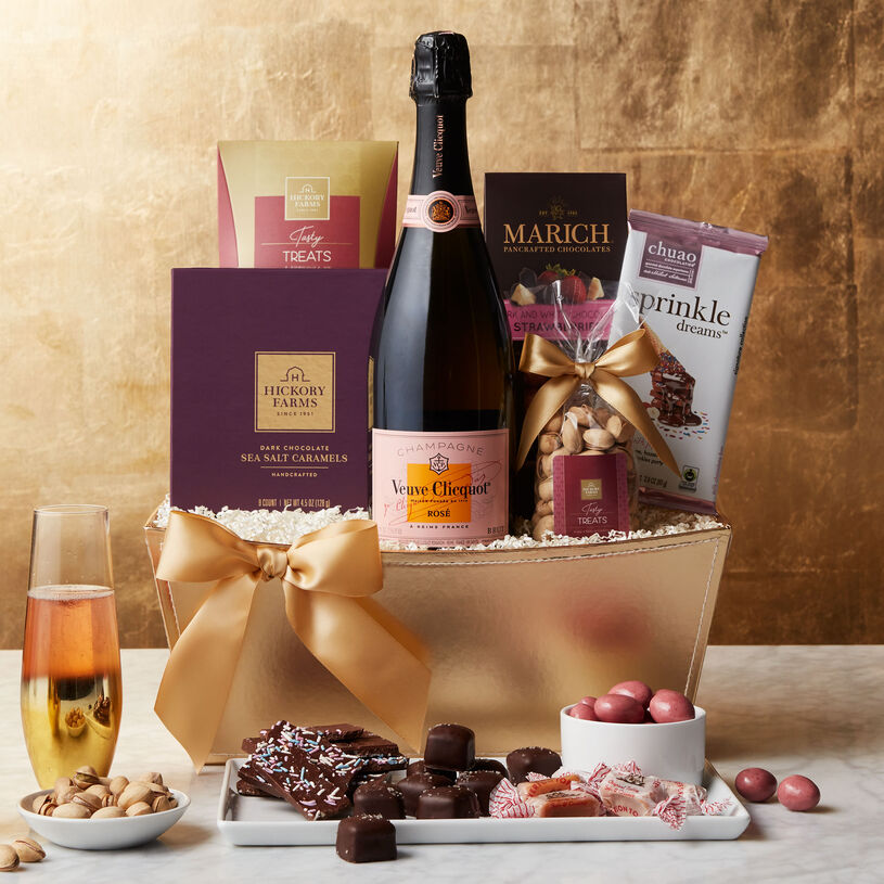 Veuve Clicquot Brut Rose Champagne is deliciously paired with decadent sweets in this beautiful gift basket.