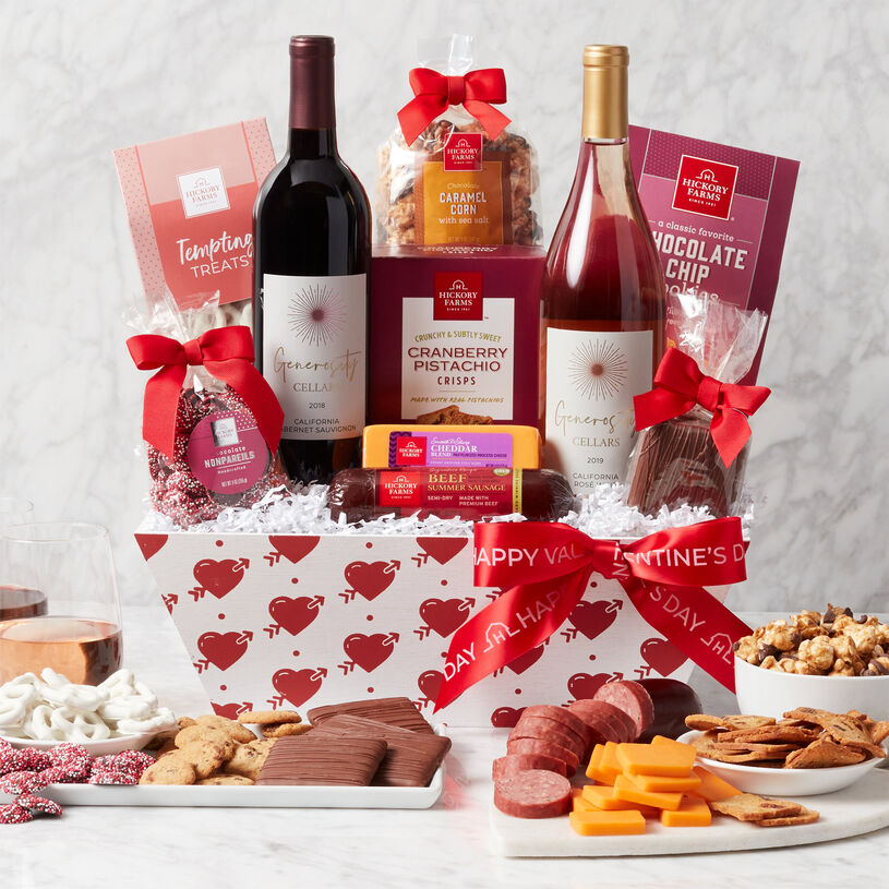 Valentine's Day Premium Treats & Wine Gift Basket - Heart Basket with Contents