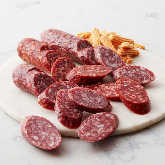 Alternate View of Artisinal Salami Flight. This collection features salami made with hand-selected cuts of pork, old world spices, and aged for over 21 days.
