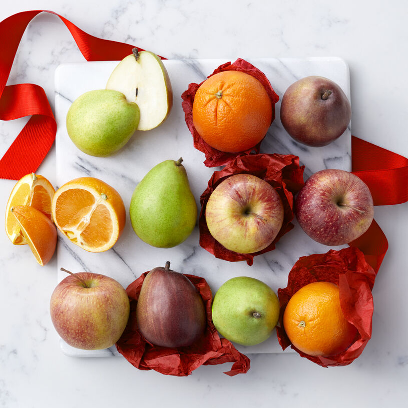 Fresh Fruit Assortment includes oranges, pears, and apples