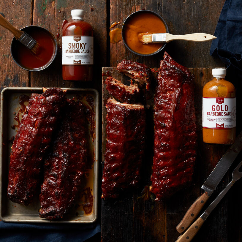 This set comes with four racks of our Premium Pork Ribs that arrive plain so he can prepare them his way. South Carolina mustard-style Gold Barbeque Sauce and Memphis-style sweet Smoky Barbeque Sauce