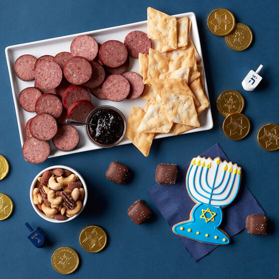Happy Hanukkah Gift Tower Charcuterie Spread
