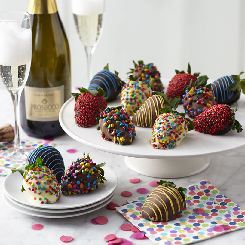 12 assorted milk, dark, and white chocolate dipped strawberries with birthday sprinkles and La Fornarina Prosecco