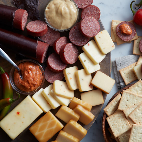 Alternate view of Hot & Spicy Gift Box which includes summer sausage, mustard, cheese, and crackers