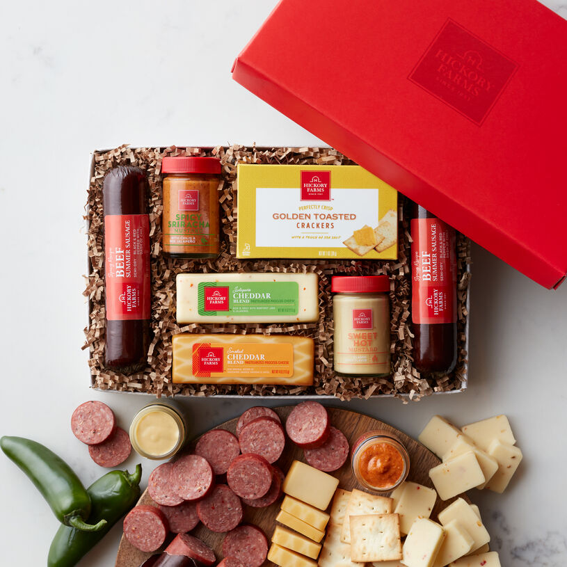 Hot & Spicy Gift Box includes summer sausage, mustard, cheese, and crackers