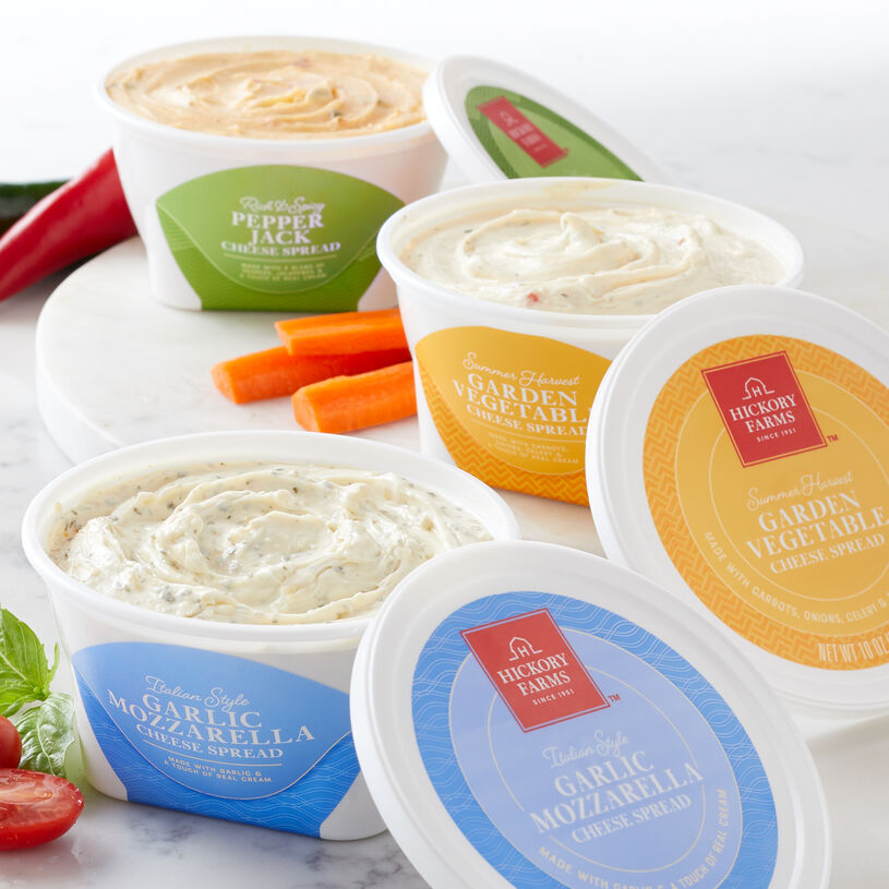 From mild to bold, this flight includes flavors every palate will love. You'll get one each of Garlic Mozzarella Spread, Garden Vegetable Spread, and Pepper Jack Spread so you can try all three. 