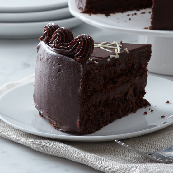 Alternate view of dark chocolate cake layered with fudge