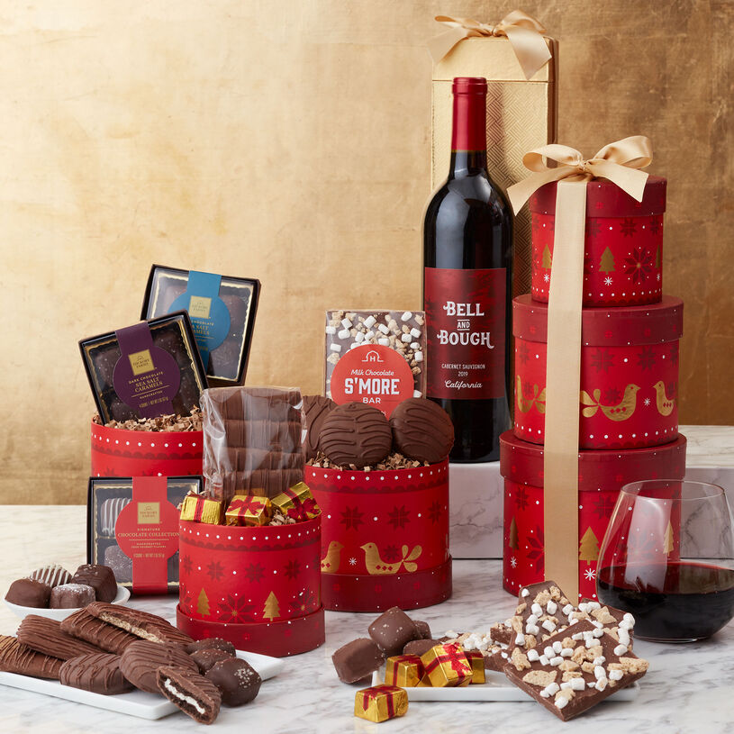 Chocolate Indulgence Holiday Gift Tower with Wine