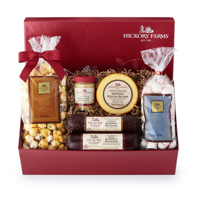 Holiday Treasure Chest includes summer sausage, cheese, mints, popcorn, and mustard
