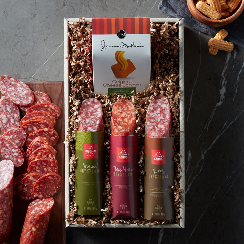 This gift box includes one Dry Salami, one Black Truffle Salami, and one Three Pepper Salami