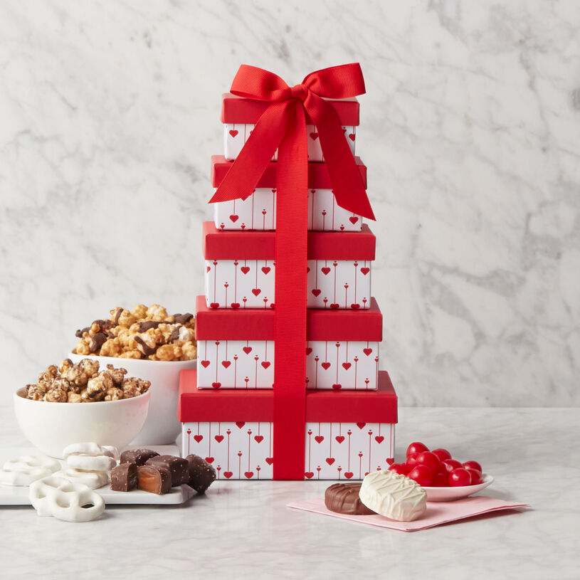 This Valentine's Day gift includes Dark Chocolate Sea Salt Caramels, White Chocolate Pretzels, Popcorn, Chocolate Covered Sandwich Cookie, and Cherry Sours.