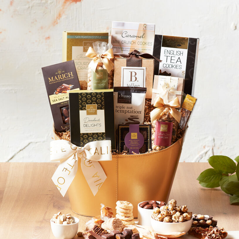 This gift basket is filled with gourmet Golden State favorites like nuts, sweets, and indulgent chocolates.