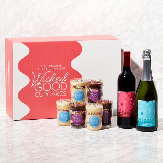 Birthday Cupcake 6-Pack & Wine Gift Set with Box on Marble