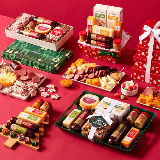 Hickory Farms holiday gift compilation on red background