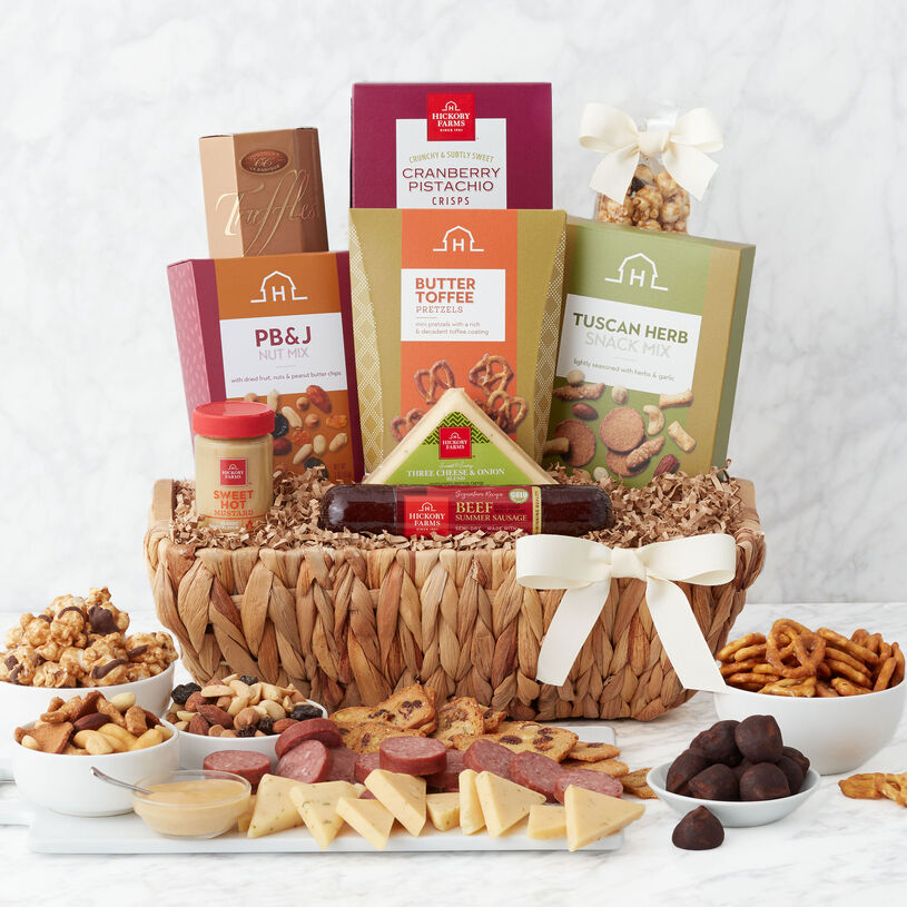 This gift basket is filled with delicious flavors the snack lover on your list will love digging into.