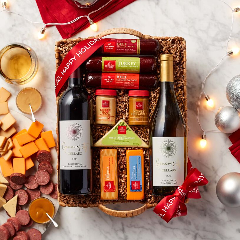 Happy Holidays Hearty Bites & Wine Gift Basket Hickory Farms