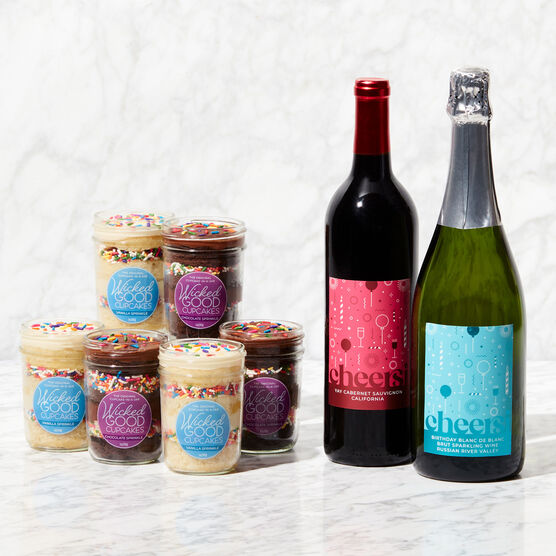 Birthday Cupcake 6-Pack & Wine Gift Set Marble Background