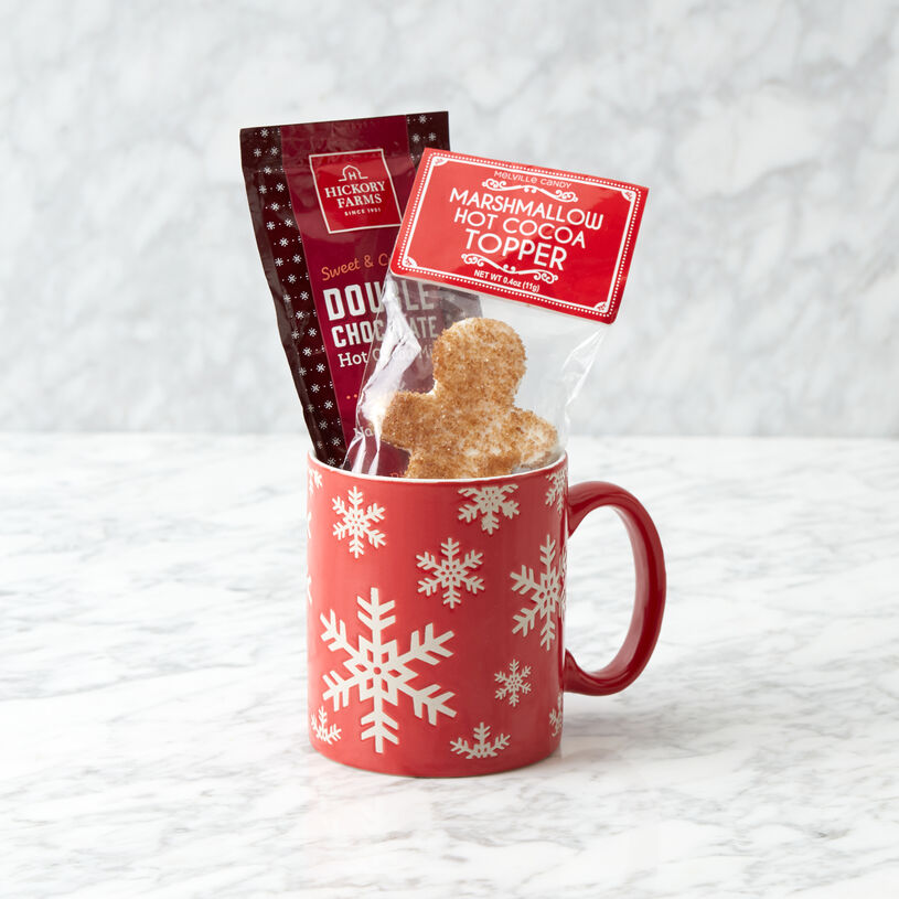 Hot Cocoa and Gingerbread Men Marshmallow Hot Cocoa Toppers with a festive Snowflake Mug.