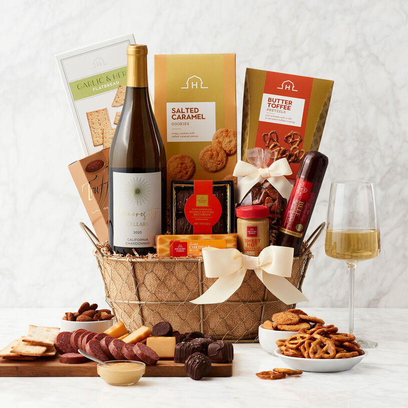 This gourmet food and wine gift basket is filled with favorite Hickory Farms, California snacks and sweets, and Generosity Cellars Chardonnay.