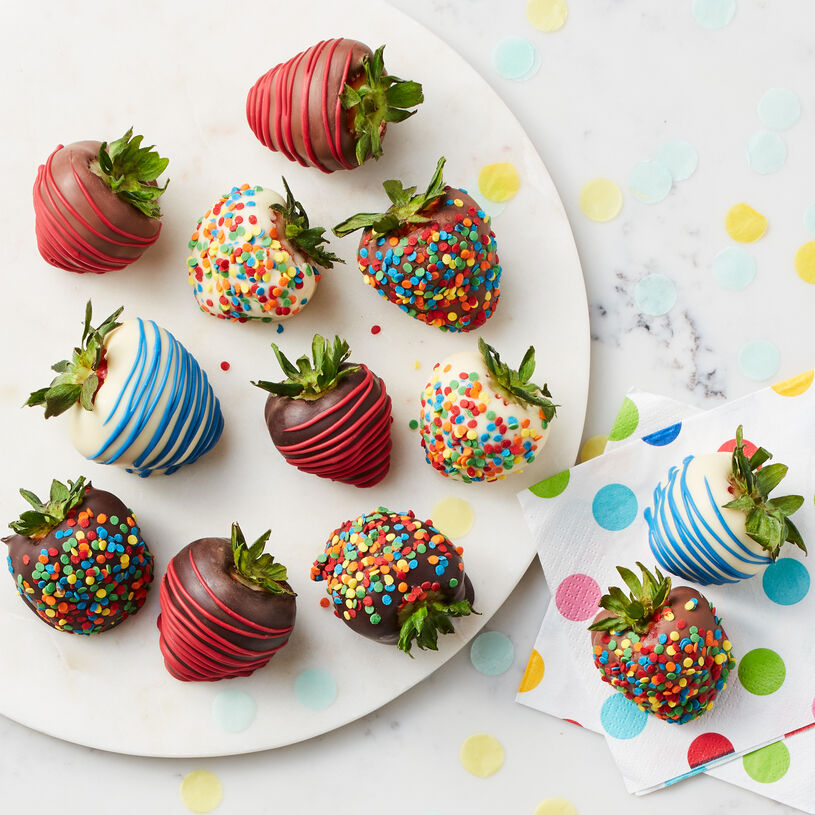 12 ct. chocolate covered strawberries with birthday sprinkles