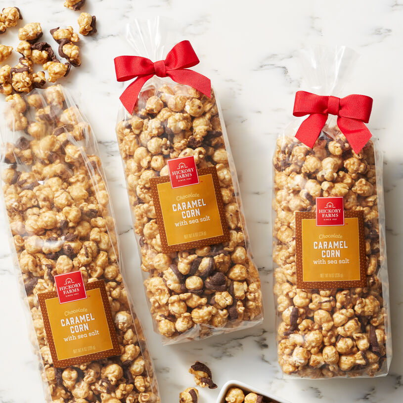 Crispy popcorn coated with sweet caramel, drizzled with decadent chocolate, and gently sprinkled with sea salt.