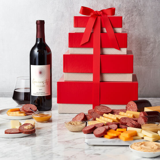 Gourmet Meat & Cheese Gift Tower with Wine Stacked