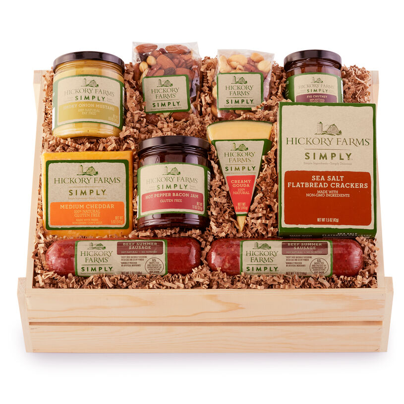simply savory deluxe gift crate includes various sausage, cheese, nuts, crackers, and spreads