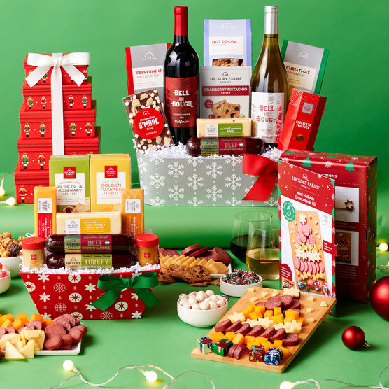Holiday gift basket and box compilation on green background