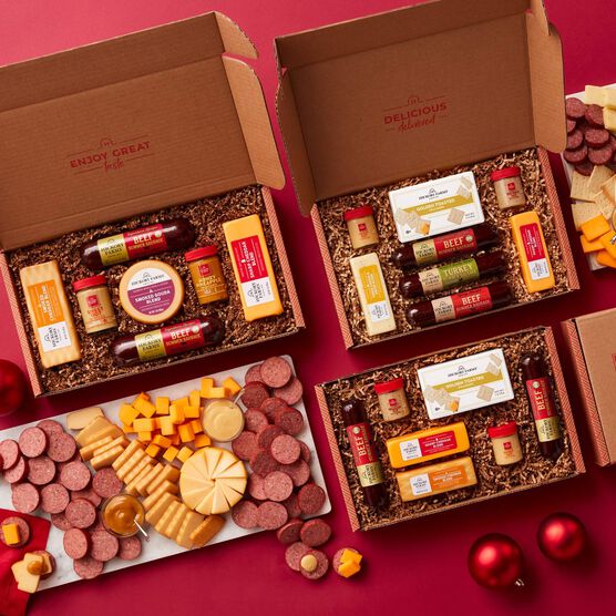 Hickory Farms gift box compilation on red background