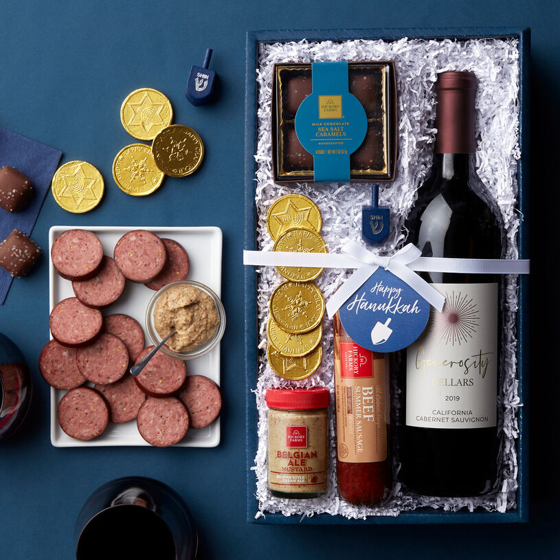 Celebrate Hanukkah by sharing this collection of All-Natural Beef Summer Sausage, Belgian Ale Mustard,  Milk Chocolate Sea Salt Caramels, and rich Generosity Cellars California Cabernet Sauvignon.