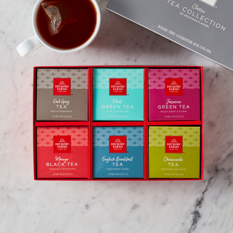 This special tea gift features bright and cheery boxes filled with six delicious varieties: Earl Grey, Mint Green Tea, Jasmine Green Tea, Mango Black Tea, English Breakfast, and Chamomile.