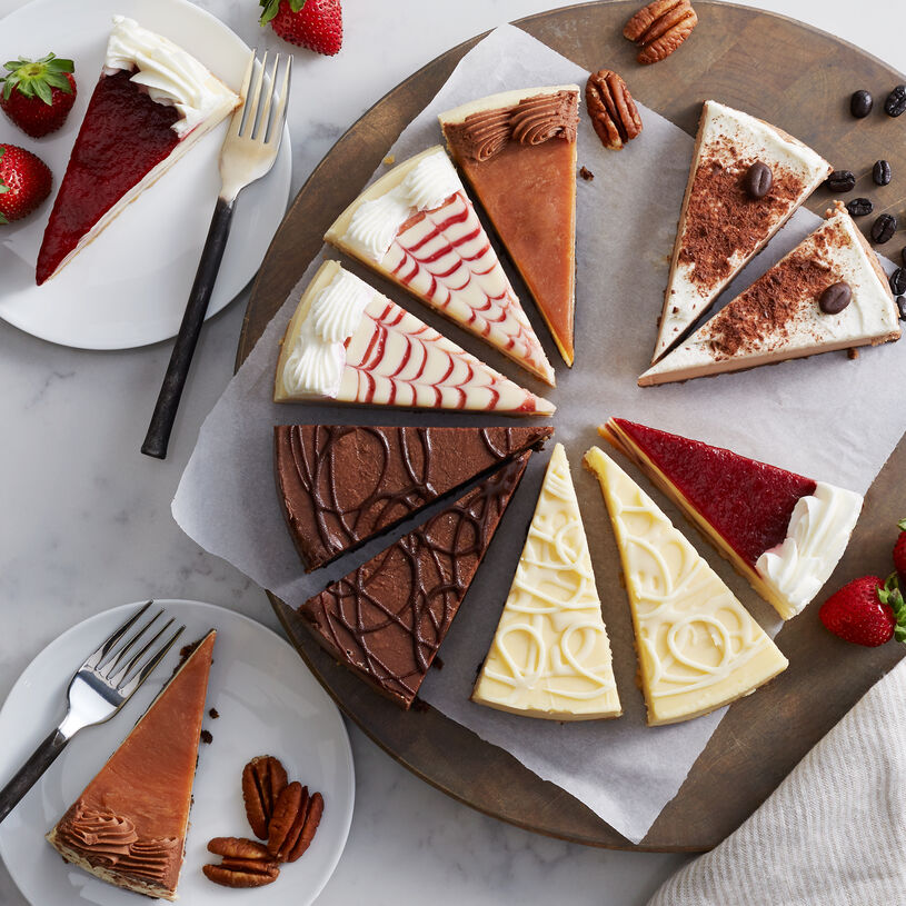 Cheesecake sampler flavors include lemon, double chocolate, raspberry, pecan caramel, cappuccino, and strawberry