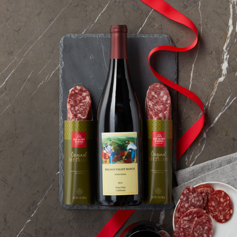 Gift set includes Hickory Farms Dry Salami and Wine