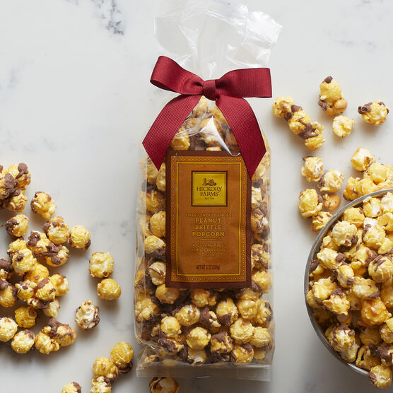 We start with crispy popcorn and coat with sweet toffee. 