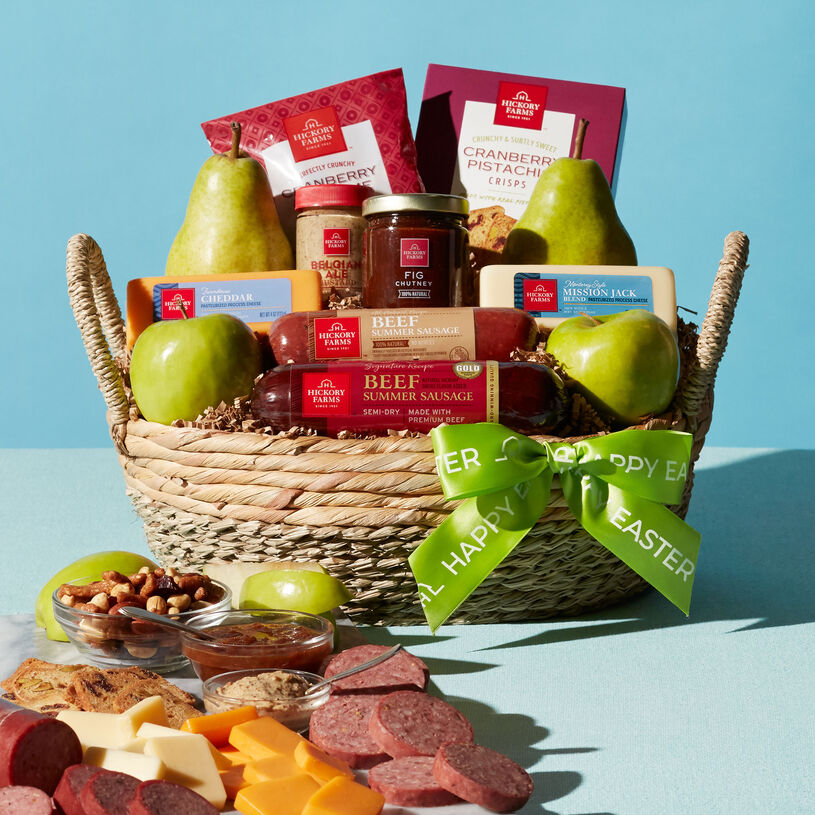 This Easter gift basket features our Signature Beef and All-Natural Beef Summer Sausages, cheese, mustard, Fig Chutney, crackers, apples, and pears.