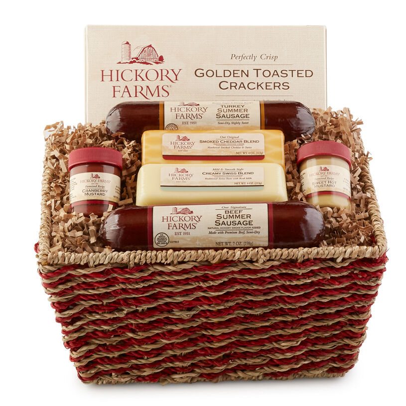 Signature Sampler Gift Basket includes beef summer sausage, various cheeses, mustard, and crackers