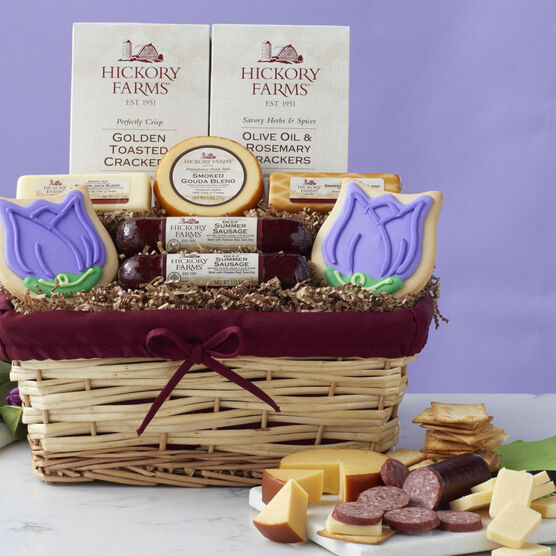 Signature Spring Gift Basket includes cheese, sausage, crackers, and a tulip cookie